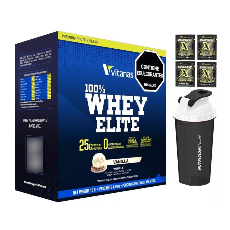 VITANAS - Proteina Whey Elite 10lb + Termo + 4 Energy X