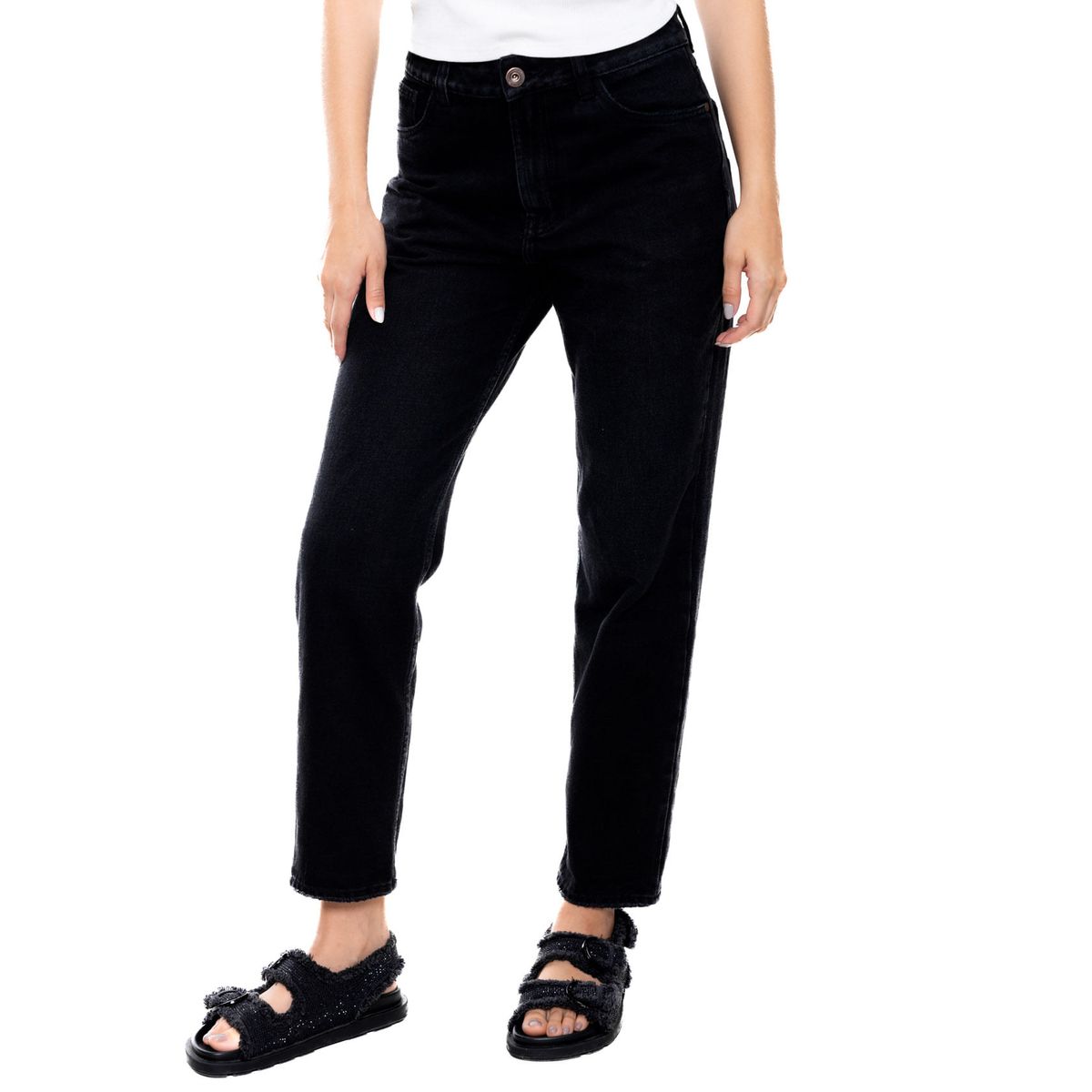 COLOR BLUE - Black Denim High Waist Mom Fit Jeans