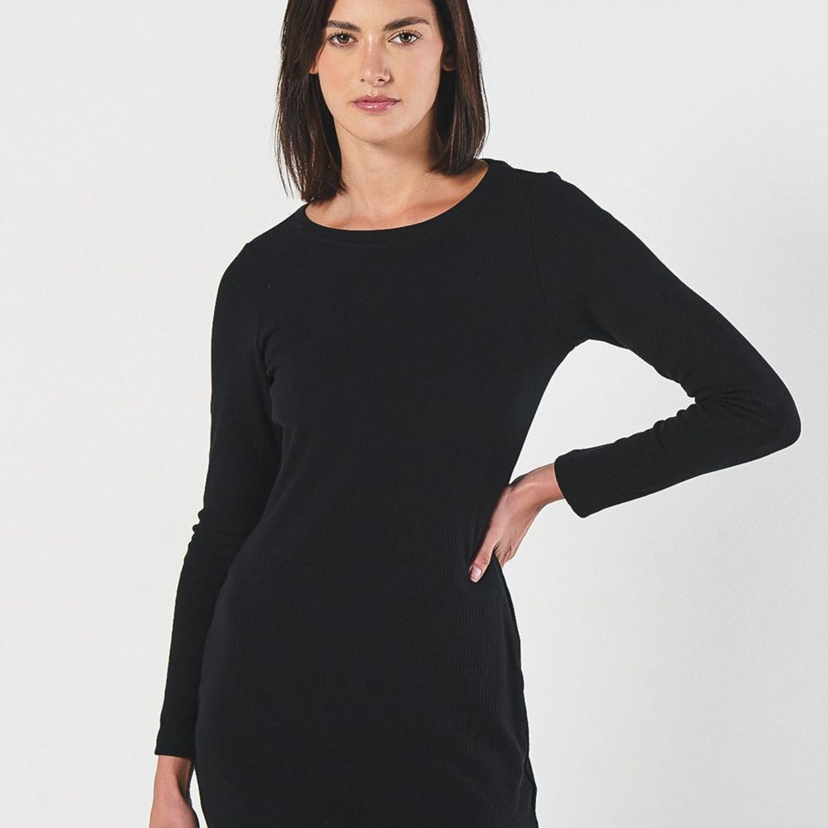 KOAJ - KOAJ Vestido corto negro con manga larga y texturas acanala Mujer