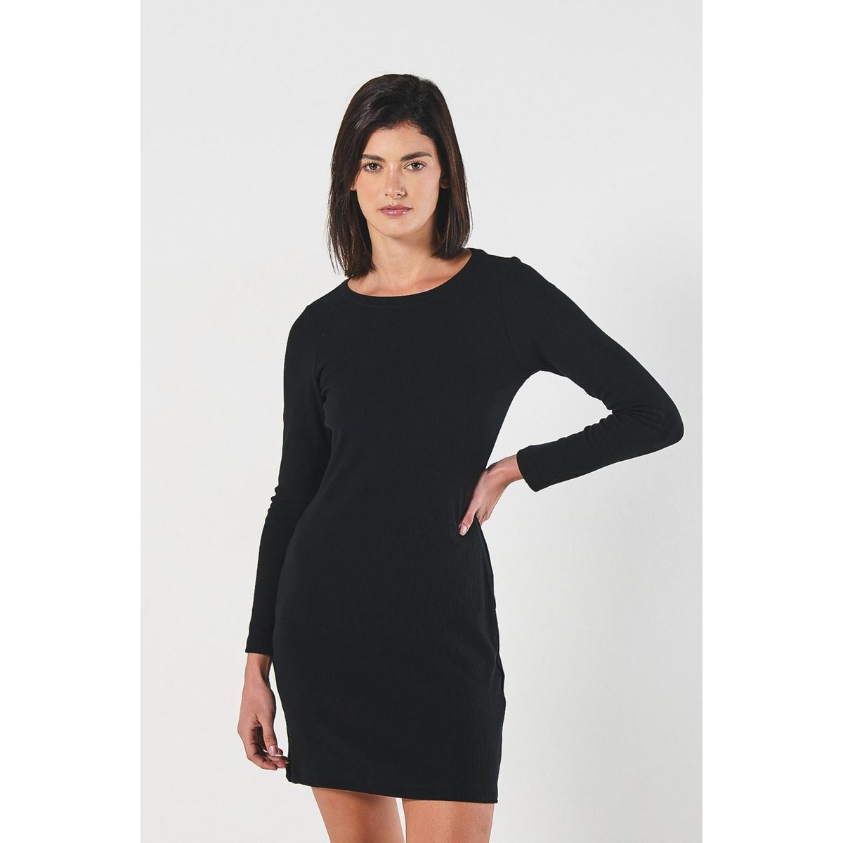 KOAJ - KOAJ Vestido corto negro con manga larga y texturas acanala Mujer