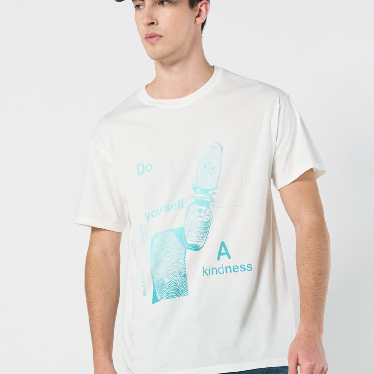 KOAJ - KOAJ Camiseta manga corta crema con diseño de teléfono Hombre