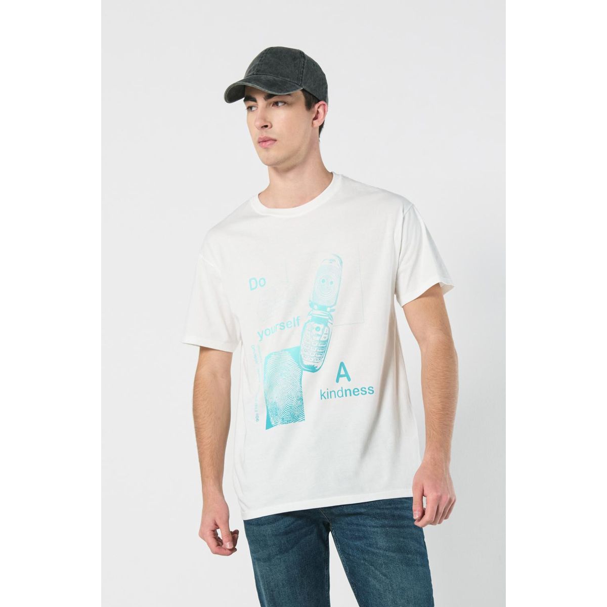 KOAJ - KOAJ Camiseta manga corta crema con diseño de teléfono Hombre