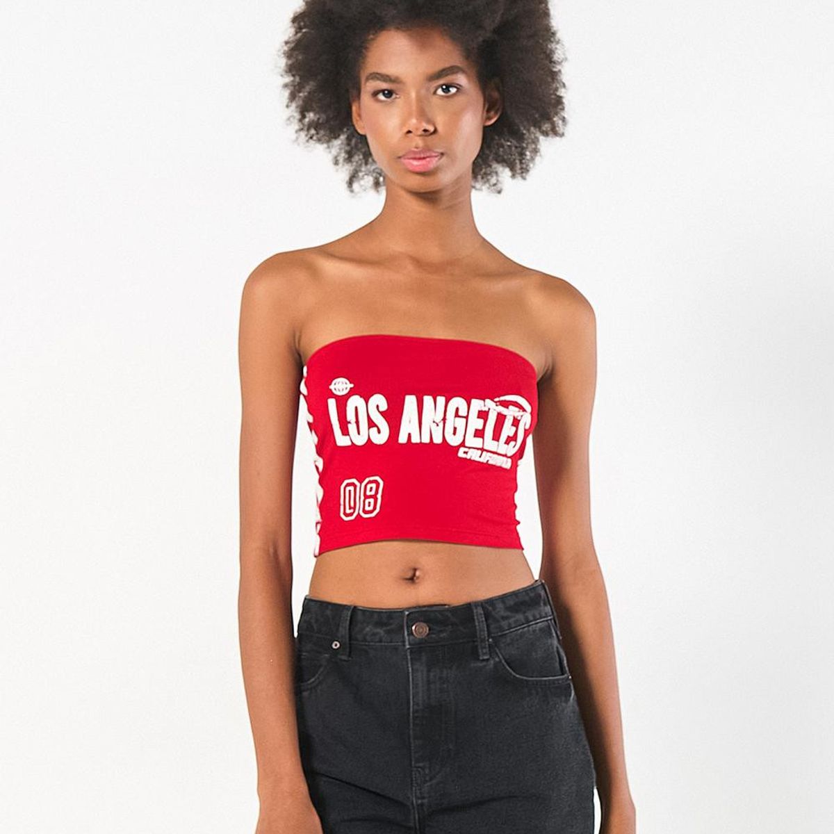 KOAJ - KOAJ Top rojo oscuro strapless con estampado college Mujer