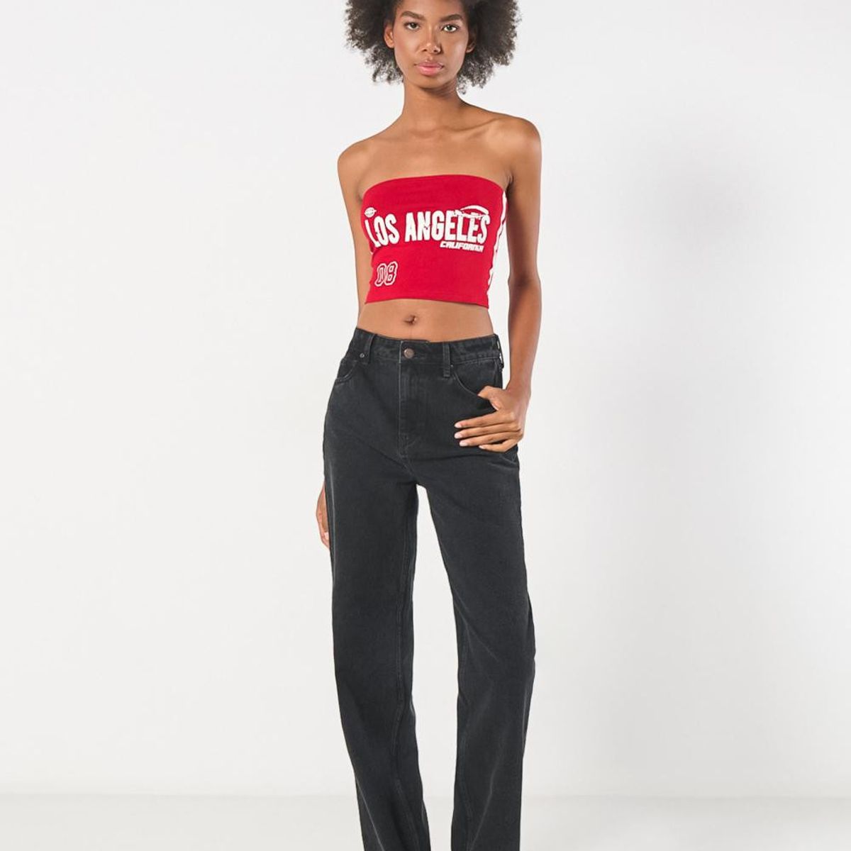 KOAJ - KOAJ Top rojo oscuro strapless con estampado college Mujer