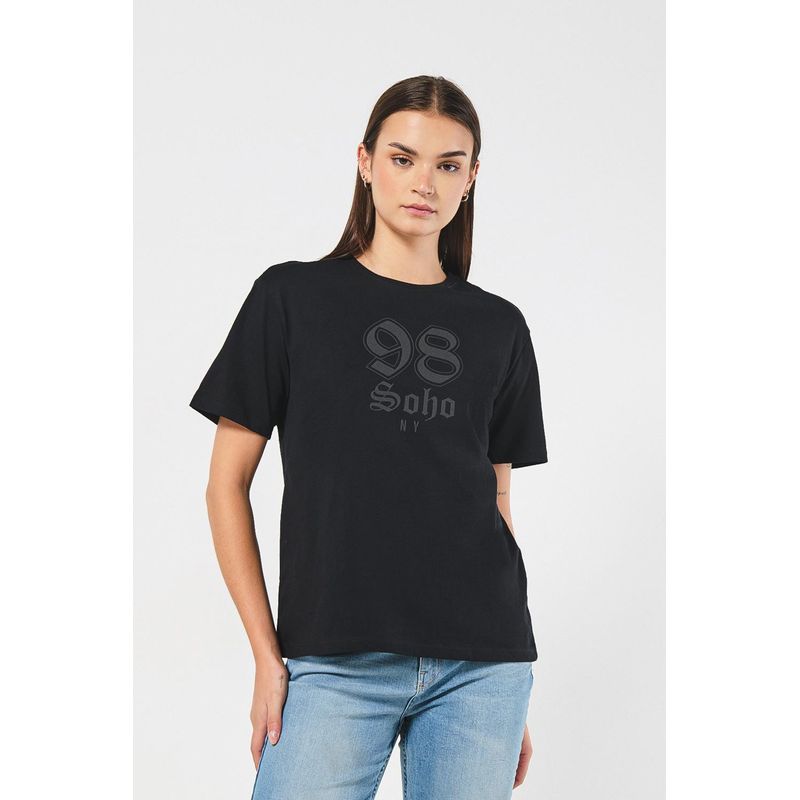 KOAJ - KOAJ Camiseta negra con texto college en frente y manga corta MUJER