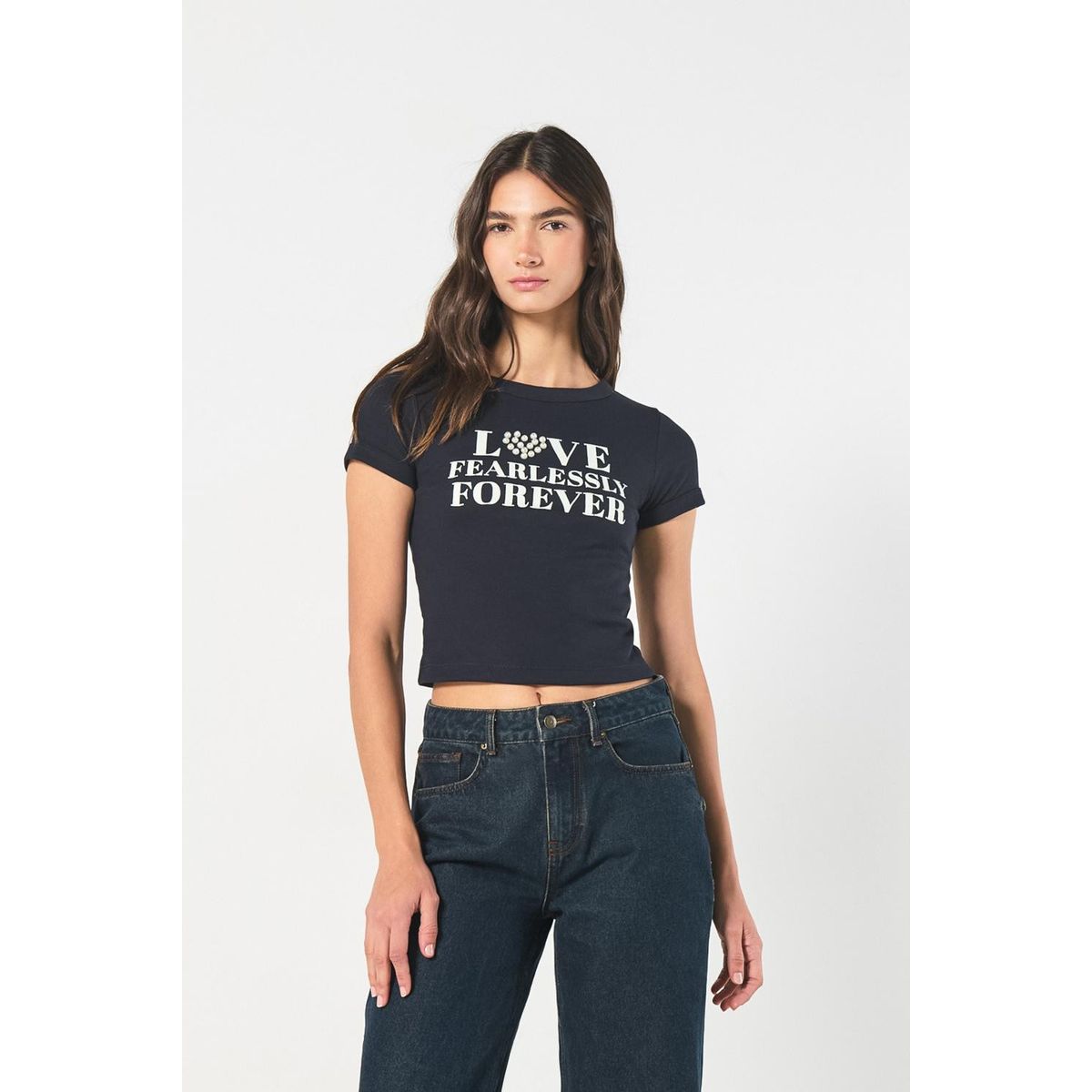 KOAJ - KOAJ Camiseta azul manga corta con texto y perlas en frente Mujer