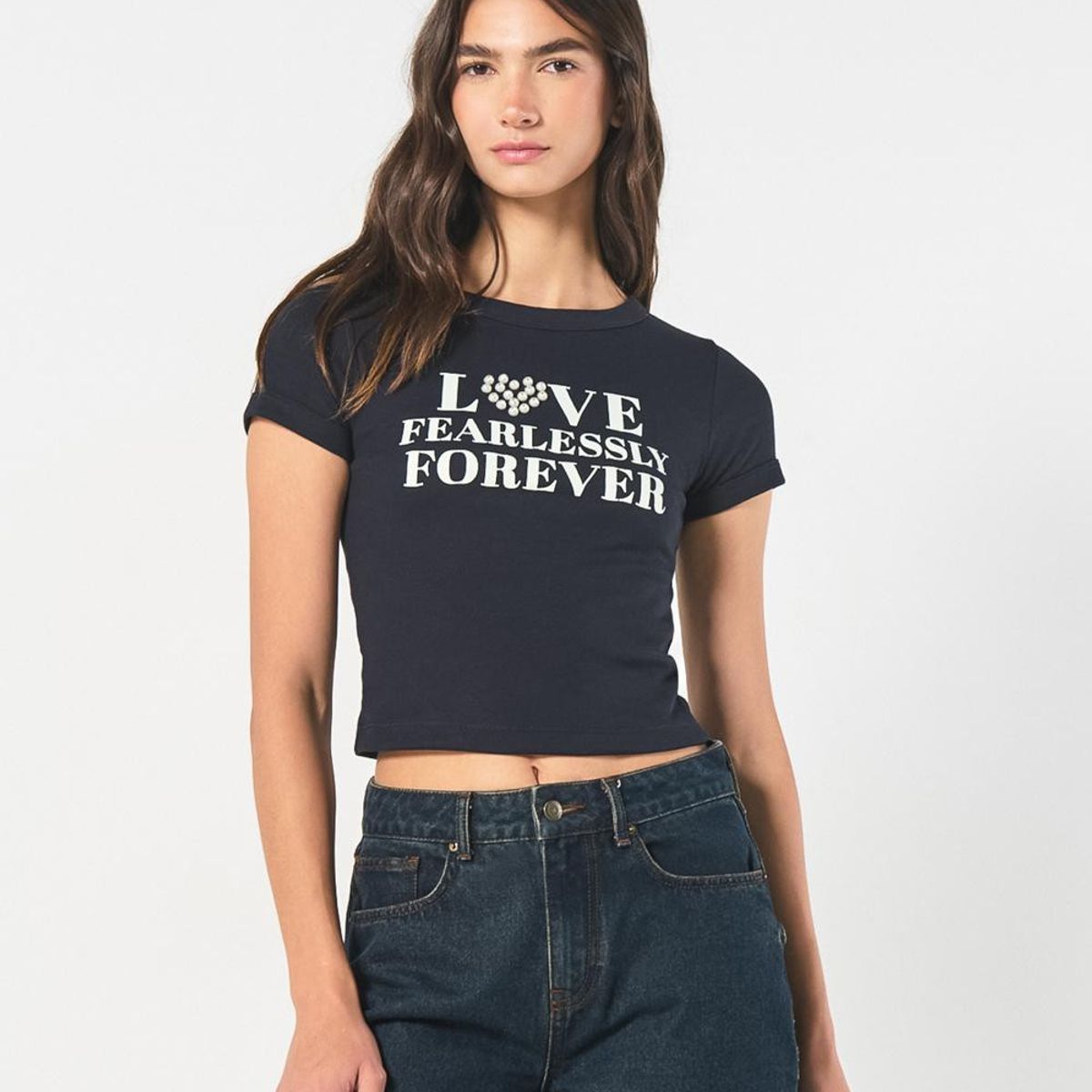 KOAJ - KOAJ Camiseta azul manga corta con texto y perlas en frente Mujer