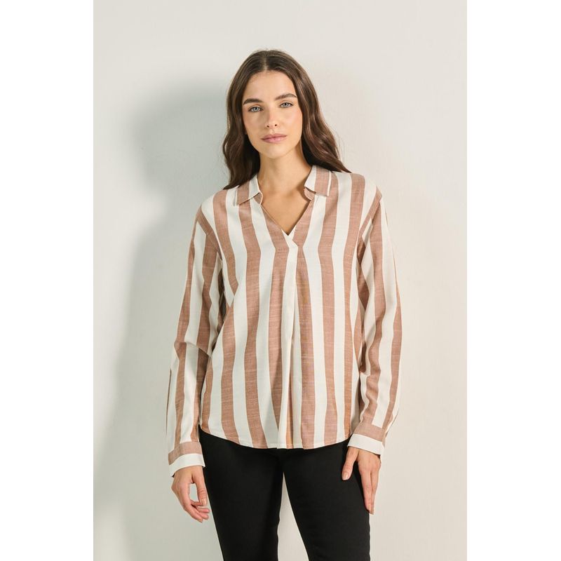 KOAJ - KOAJ Blusa unicolor a rayas con prense delantero y manga lar Mujer
