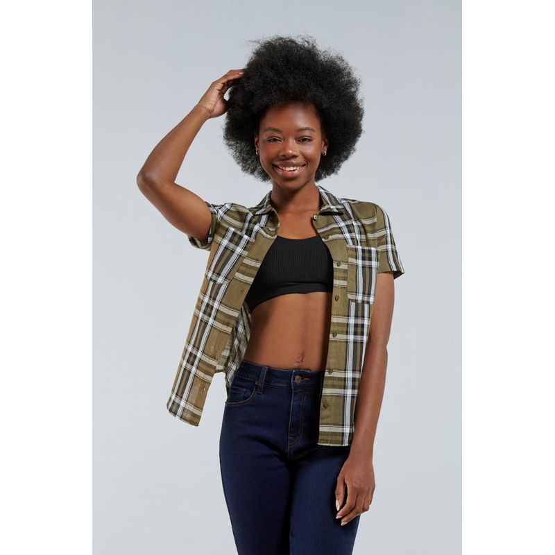 KOAJ - KOAJ Blusa manga corta unicolor a cuadros con cuello camisero  MUJER