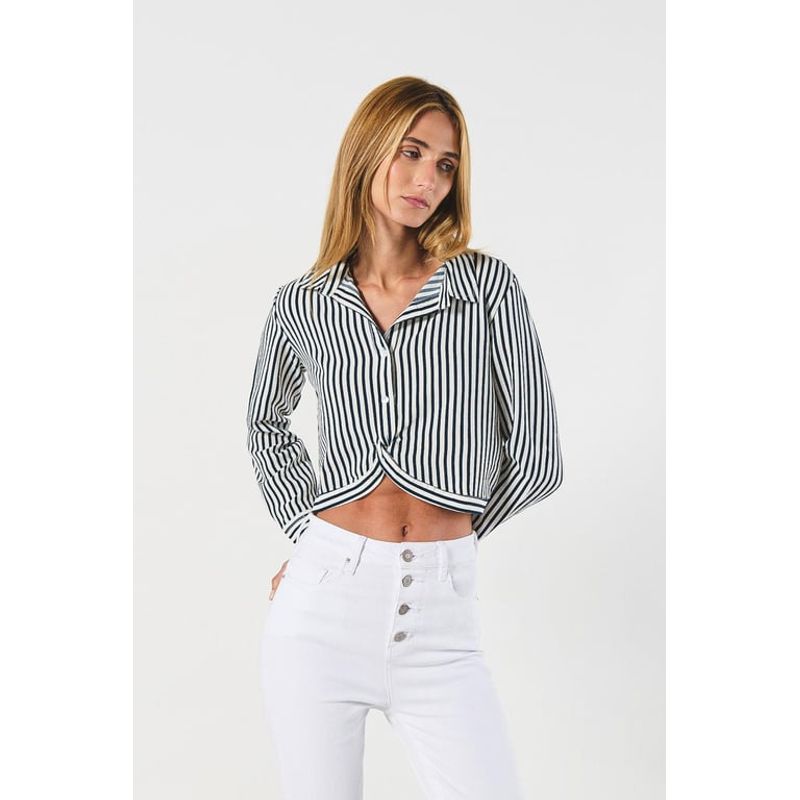 KOAJ - KOAJ Blusa unicolor a rayas con manga larga y nudo en frente MUJER