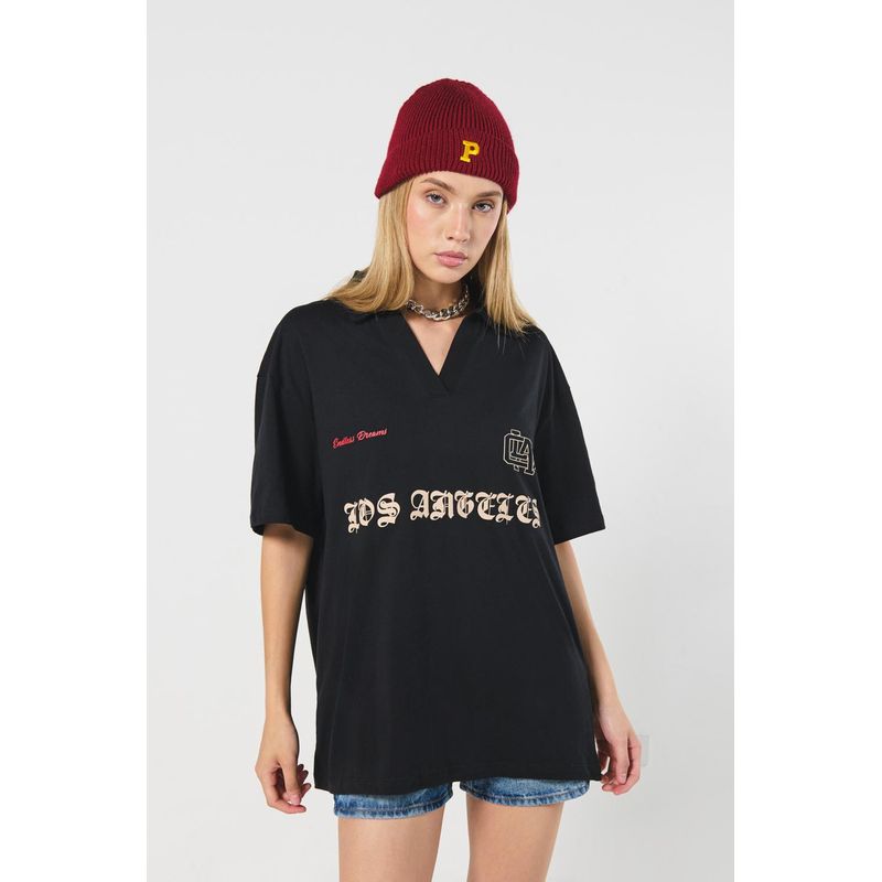 KOAJ - KOAJ Camiseta negra oversize con cuello V y estampado college MUJER