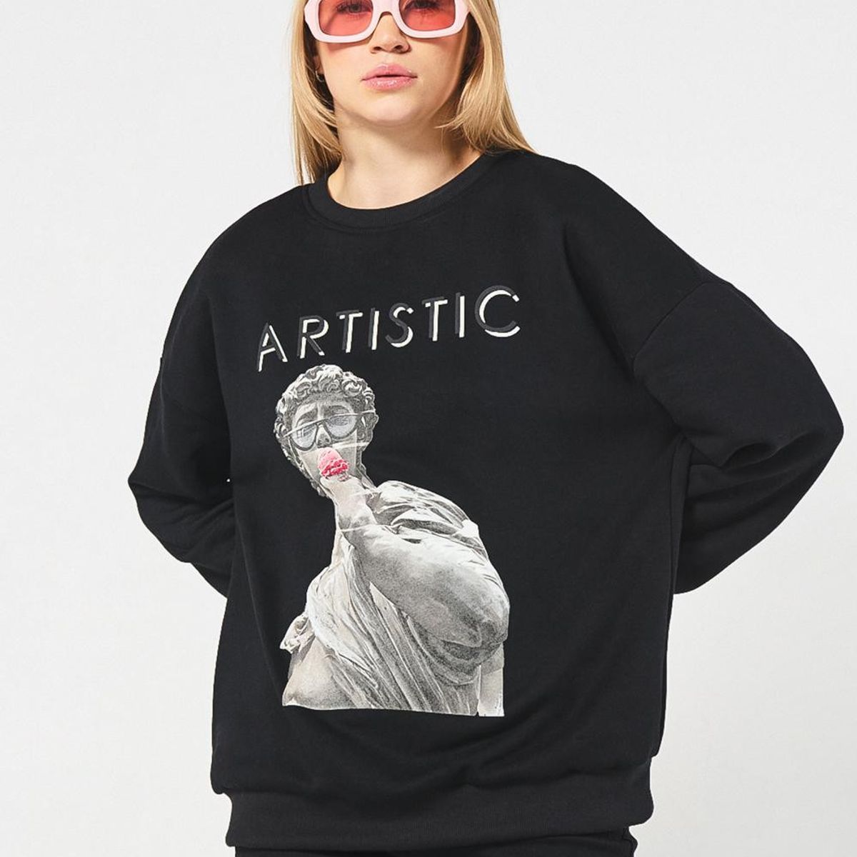 KOAJ - KOAJ Buzo de escultura artística negro oversize cuello redo Mujer