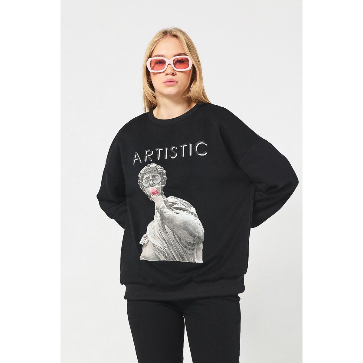 KOAJ - KOAJ Buzo de escultura artística negro oversize cuello redo Mujer