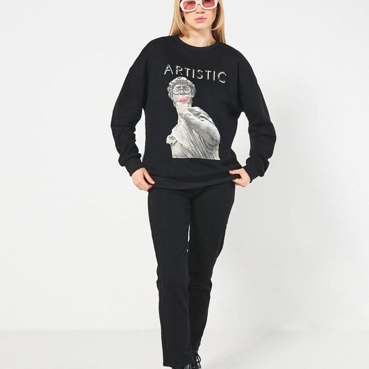 KOAJ - KOAJ Buzo de escultura artística negro oversize cuello redo Mujer