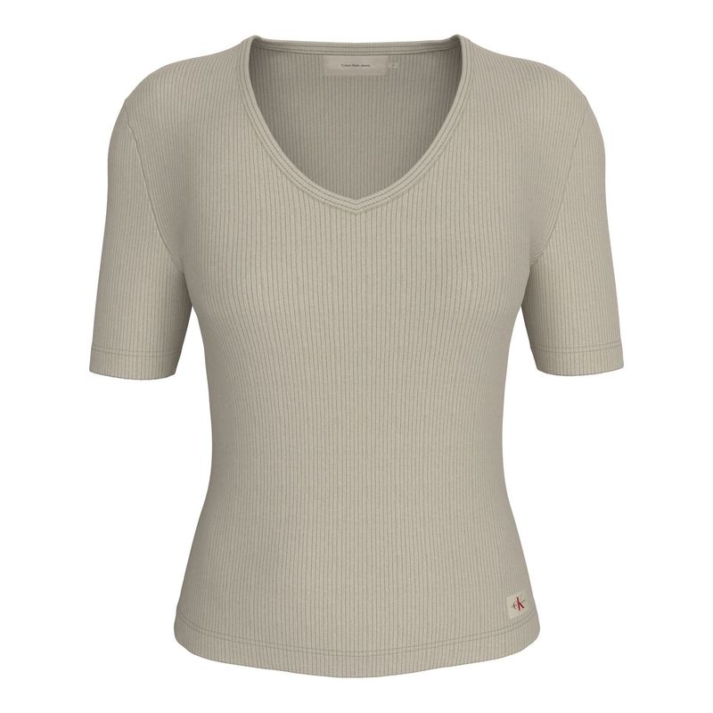 CALVIN KLEIN - Camiseta gris slim de canalé con cuello en V Calvin Klein