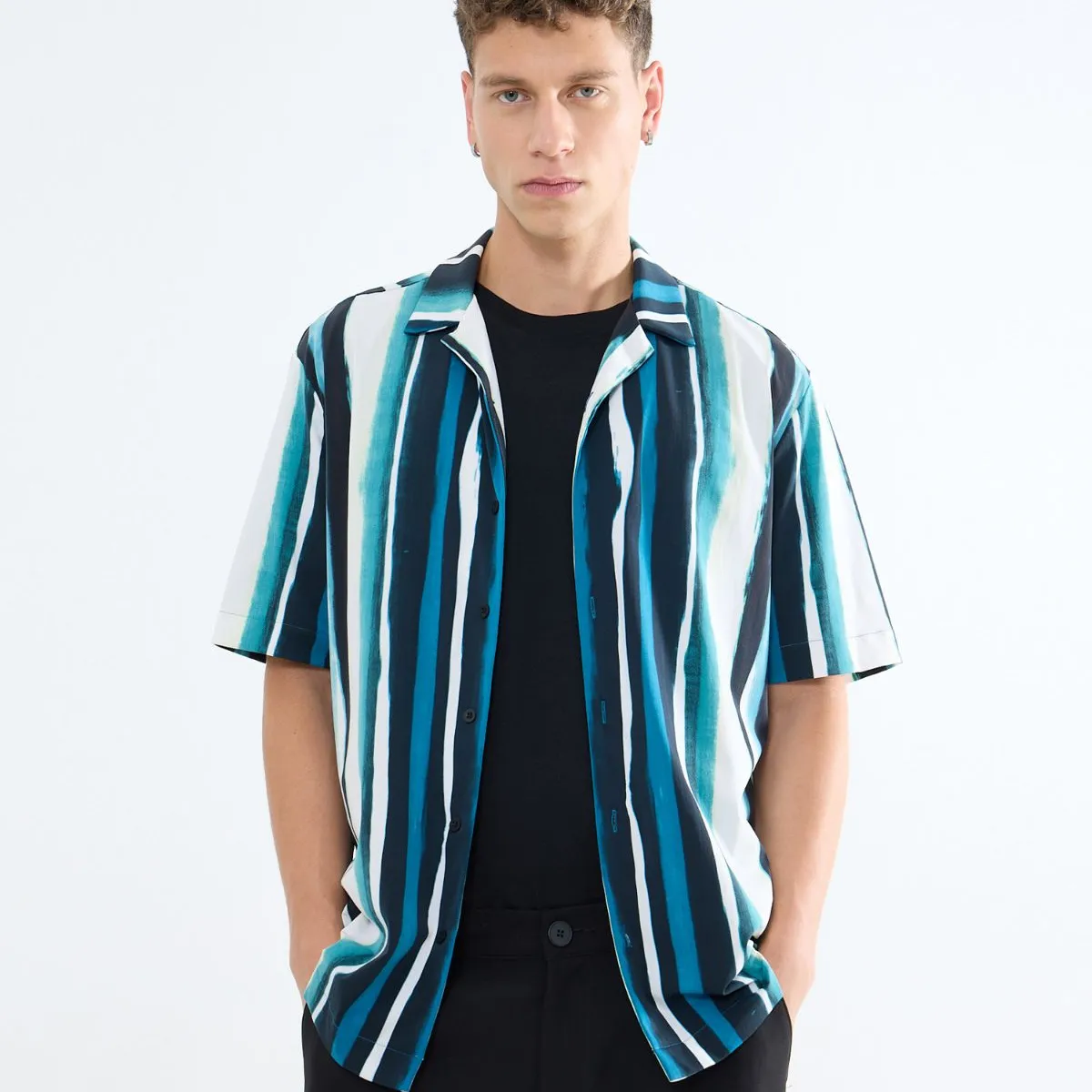 SEVEN SEVEN - Camisa Resort A Rayas  Para Hombre Azul Seven Seven
