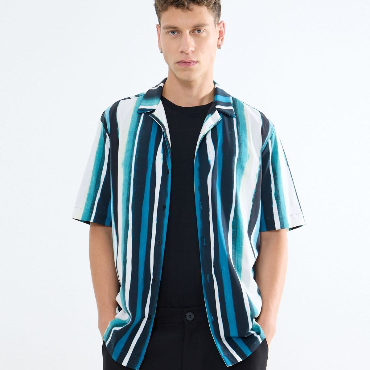 SEVEN SEVEN - Camisa Resort A Rayas  Para Hombre Azul Seven Seven
