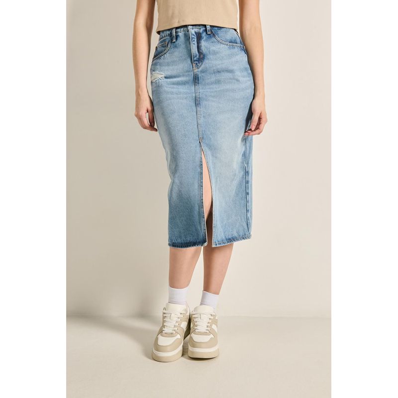 KOAJ - KOAJ Falda en jean larga azul clara para mujer cuenta con aber MUJER