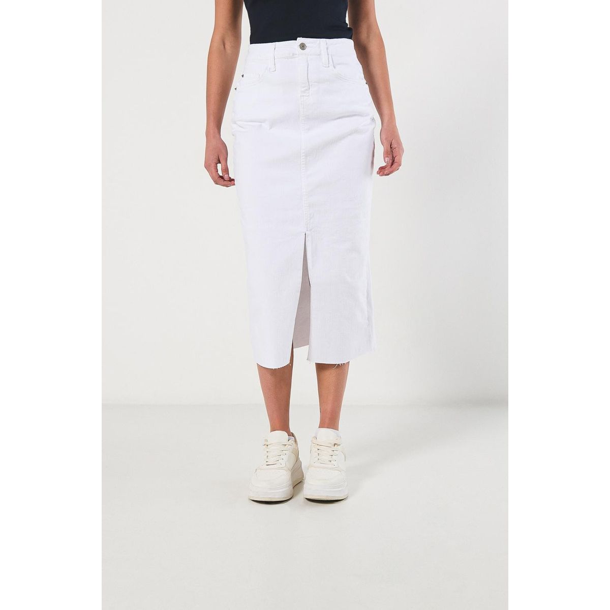 KOAJ - KOAJ Falda larga blanca en jean tiro alto con abertura Mujer