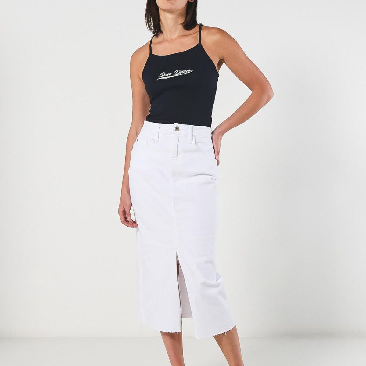 KOAJ - KOAJ Falda larga blanca en jean tiro alto con abertura Mujer