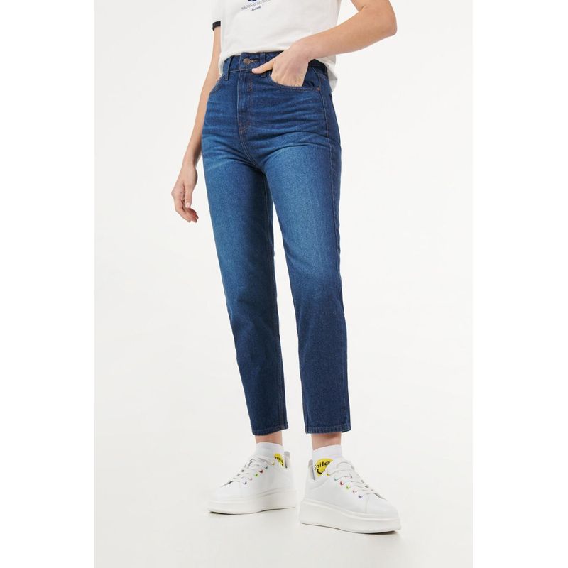 KOAJ - KOAJ Jean mom fit tiro súper alto azul intenso con costuras en MUJER