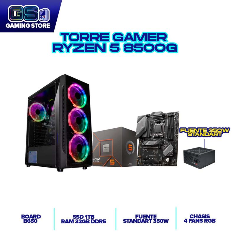 AMD - TORRE GAMER RYZEN 5 8500G RAM 32GB 1TB SSD BOARD B650 CHASIS 4 FANS RGB