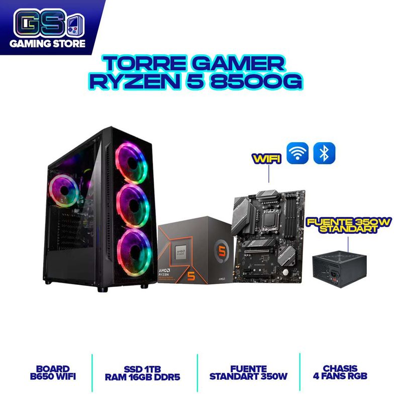 AMD - TORRE GAMER RYZEN 5 8500G RAM 16GB 1TB SSD BOARD B650 WI-FI CHASIS 4 FANS RGB