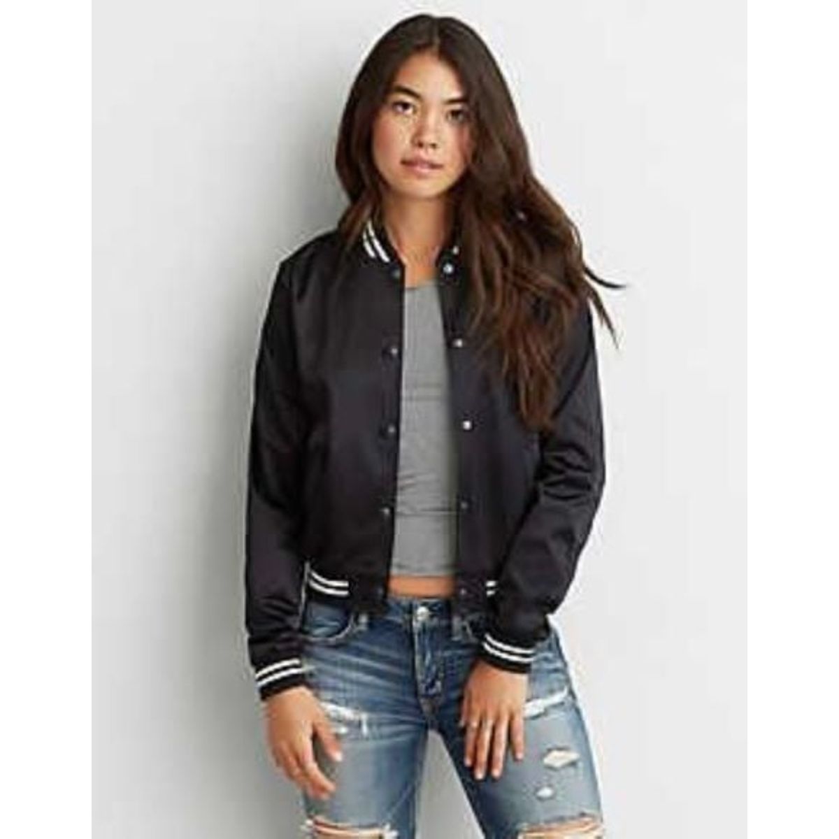 URBAN PLUS - chaqueta mujer bomber negra con boton