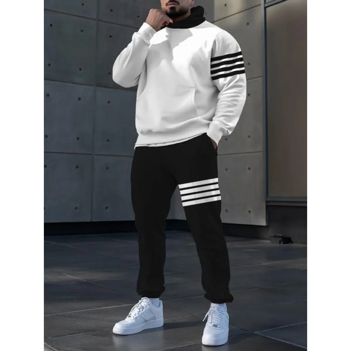 URBAN PLUS - sudadera hombre buzo y jogger conjunto negro y blanco rayas