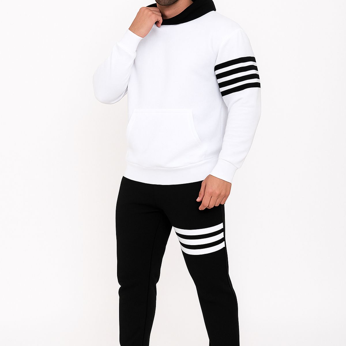 URBAN PLUS - sudadera hombre buzo y jogger conjunto negro y blanco rayas