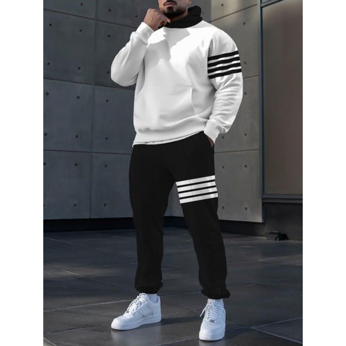 URBAN PLUS - sudadera hombre buzo y jogger conjunto negro y blanco rayas