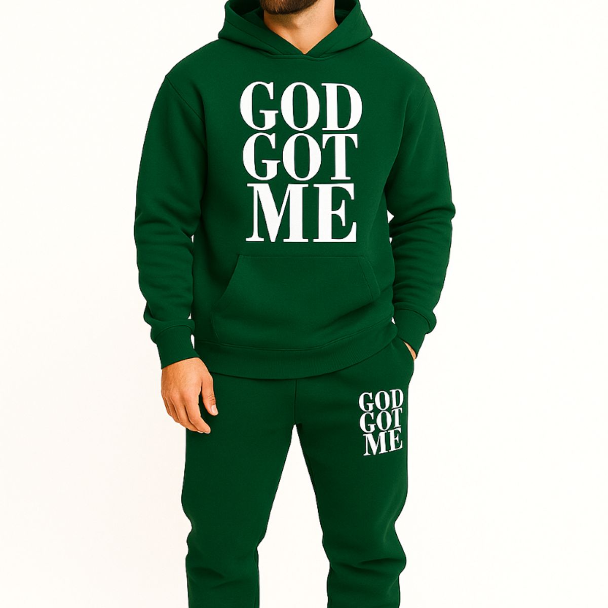 URBAN PLUS - sudadera hombre buzo y jogger conjunto verde got god me