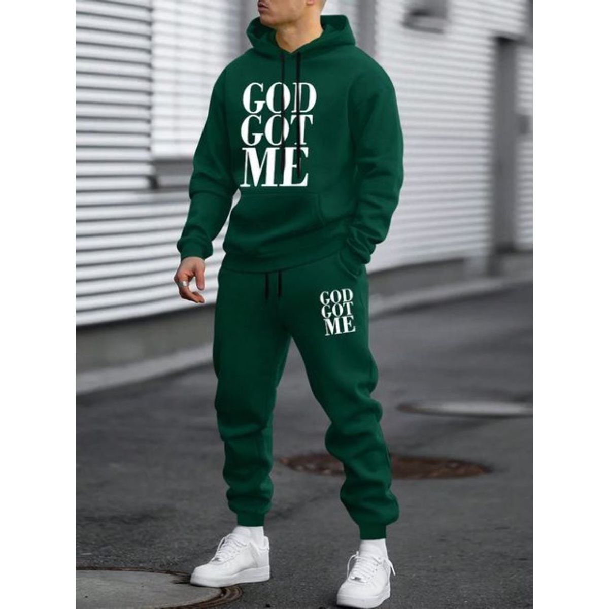 URBAN PLUS - sudadera hombre buzo y jogger conjunto verde got god me