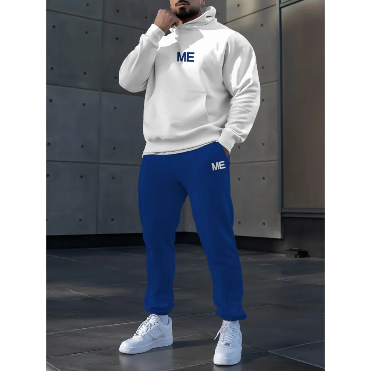URBAN PLUS - sudadera hombre buzo y jogger conjunto blanco y azul