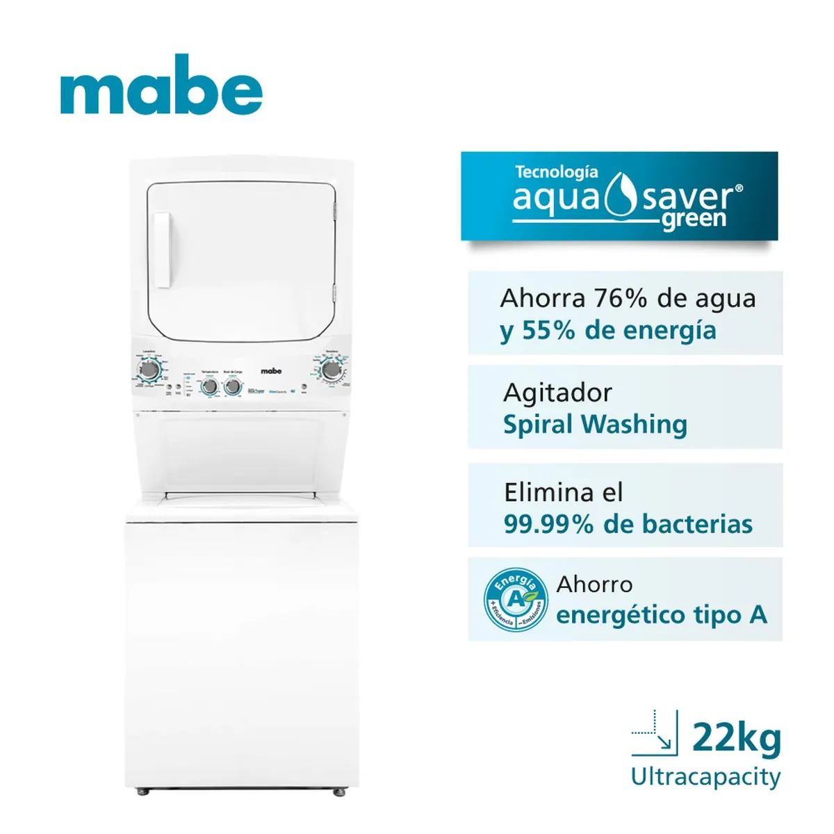 MABE - Torre de Lavado a Gas 22Kg Mabe MCLC2240GSBB0