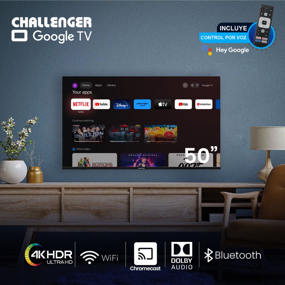 CHALLENGER - Televisor 50 Pulgadas Smart Google TV Challenger