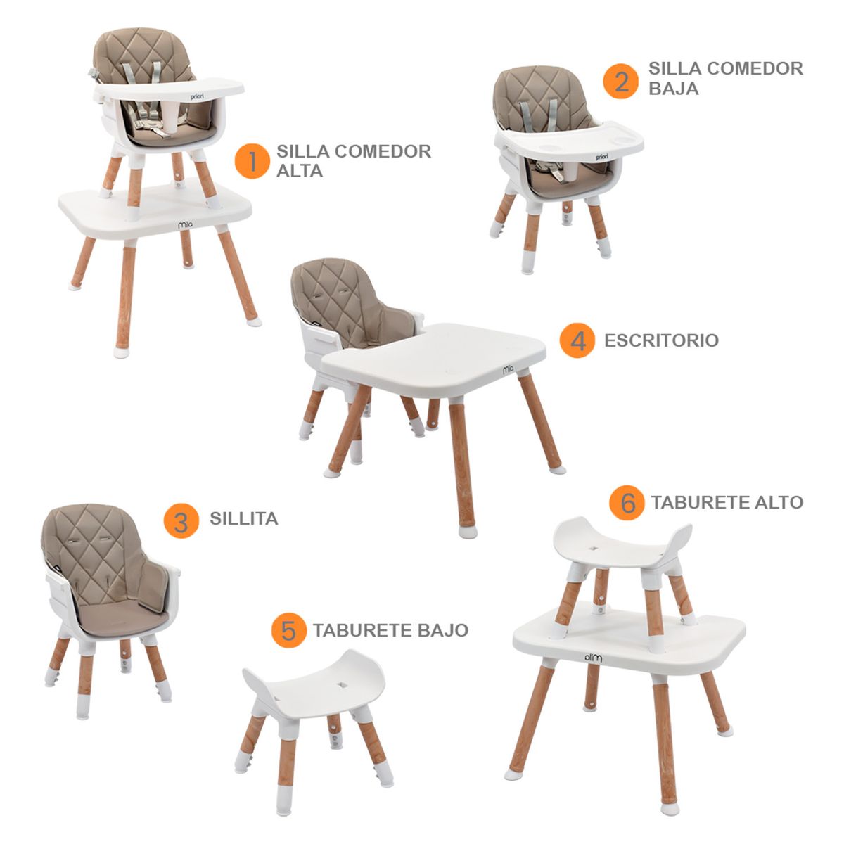 PRIORI - Silla comedor bebé 6 en 1 Mila Gris Priori