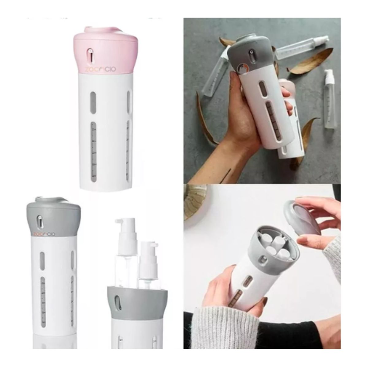 AFM - Dispensador Viajero 4 En 1 Jabón Liquido Porta Shampoo