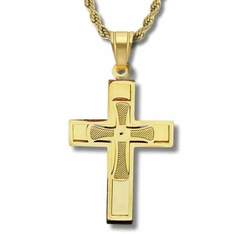 GENERICO - Collar Para Hombre Con Dije Cruz Catolica De Acero Color Oro