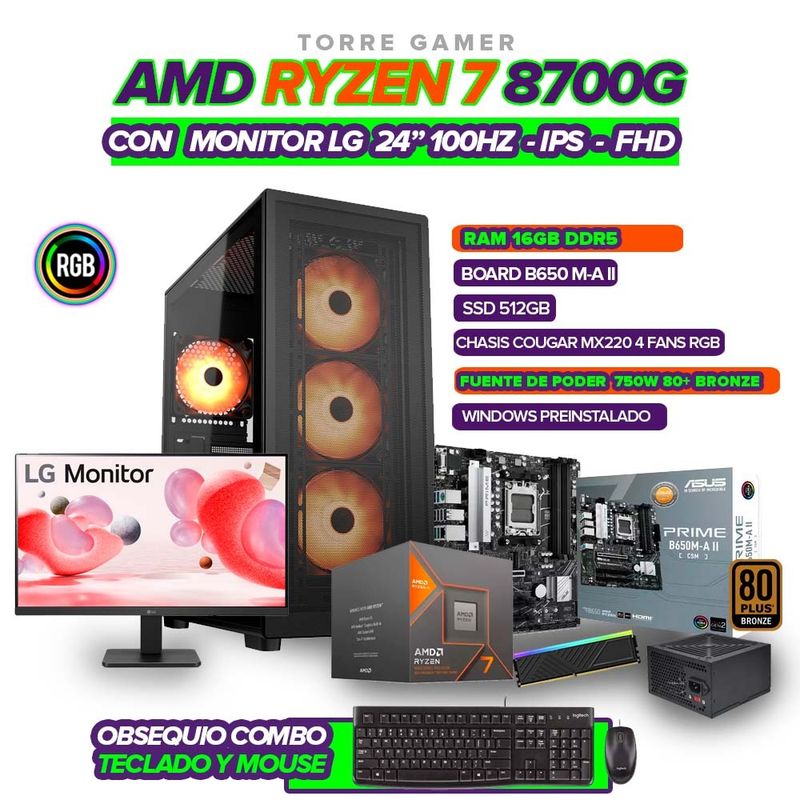 AMD - PC GAMER AMD RYZEN 7 8700G / B650 / RAM 16GB / SSD 512GB / MONITOR 24" 100HZ
