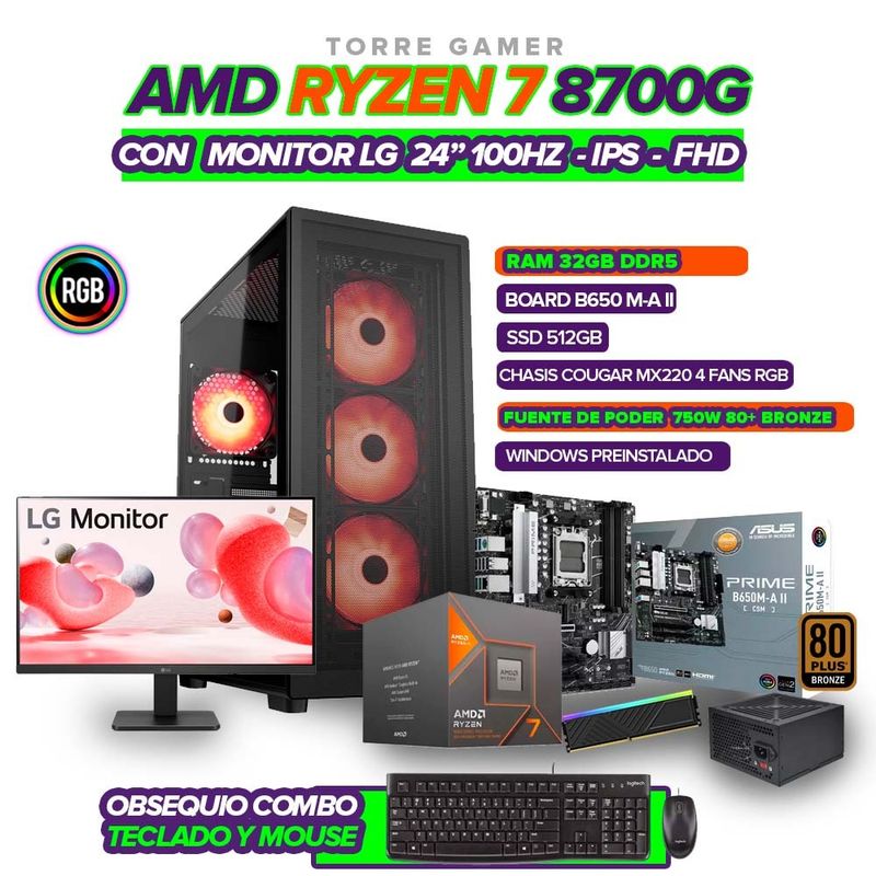 AMD - PC GAMER AMD RYZEN 7 8700G / B650 / RAM 32GB / SSD 512GB / MONITOR 24" 100HZ