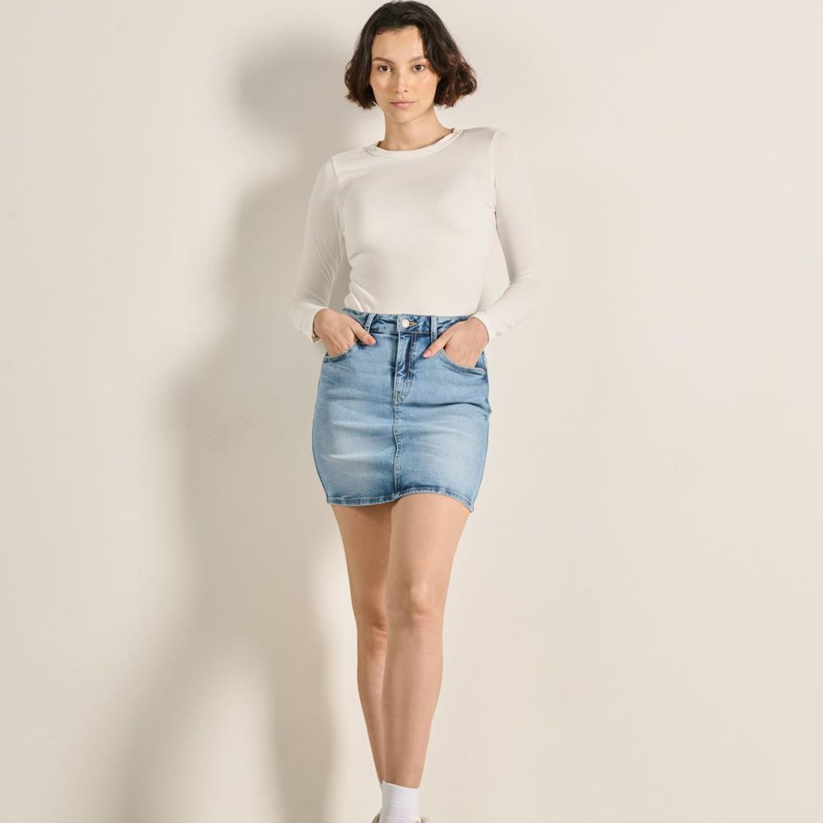 KOAJ - KOAJ Falda en jean corta azul clara tiro alto con bolsillos Mujer