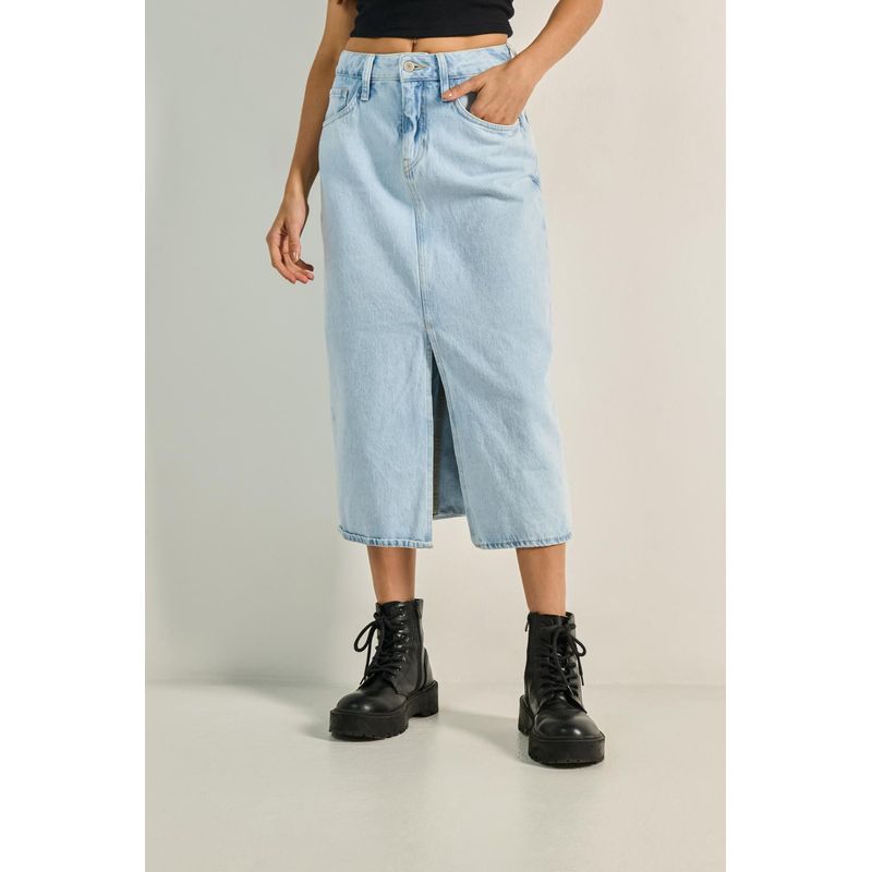 KOAJ - KOAJ Falda larga azul en jean con abertura en frente y tiro al MUJER