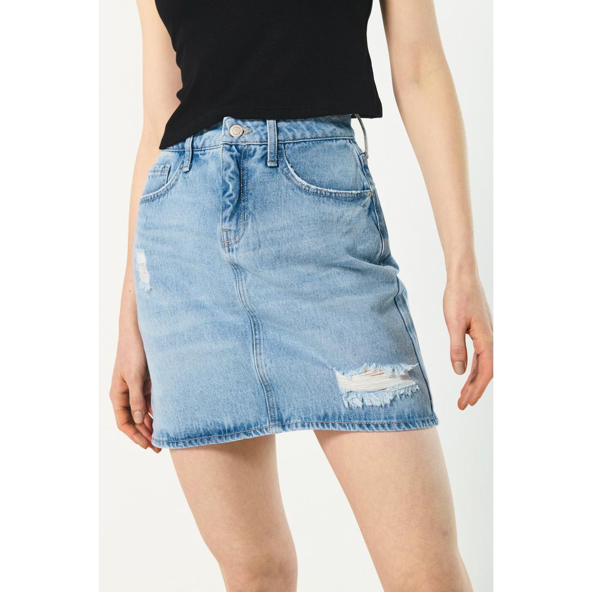 KOAJ - KOAJ Falda corta azul clara de jean con rotos y tiro alto Mujer