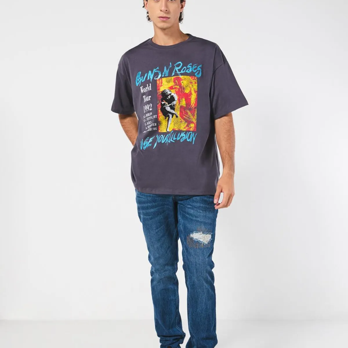 KOAJ - KOAJ Camiseta de Guns N´ Roses gris oversize con cuello redo Hombre