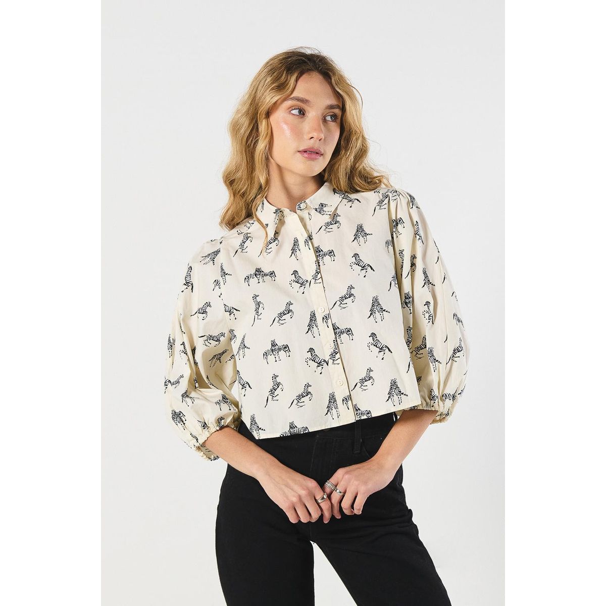 KOAJ - KOAJ Blusa unicolor en algodón estampada con manga 3/4 Mujer