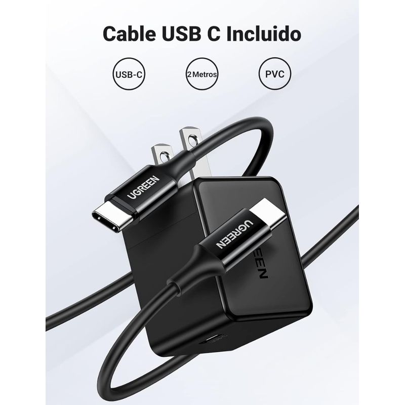 UGREEN - Cargador Tipo C de 25W Ugreen Carga Rápida con Cable USB C 2 m color negro