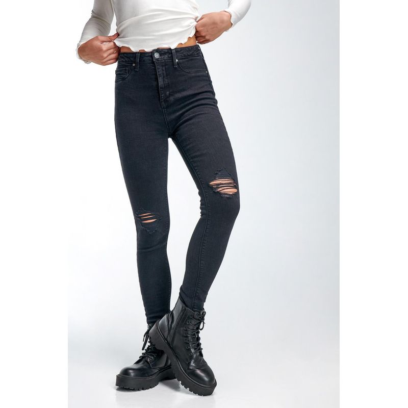 KOAJ - KOAJ Jean jegging negro tiro súper alto con rotos en las rodil MUJER