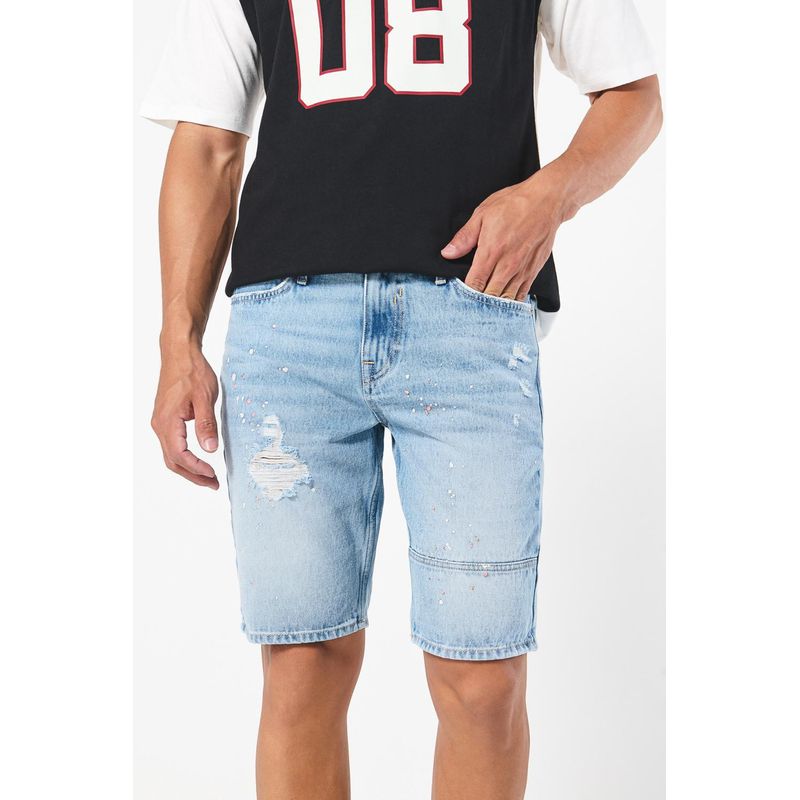 KOAJ - KOAJ Bermuda en jean azul clara slim con rotos y tiro bajo HOMBRE