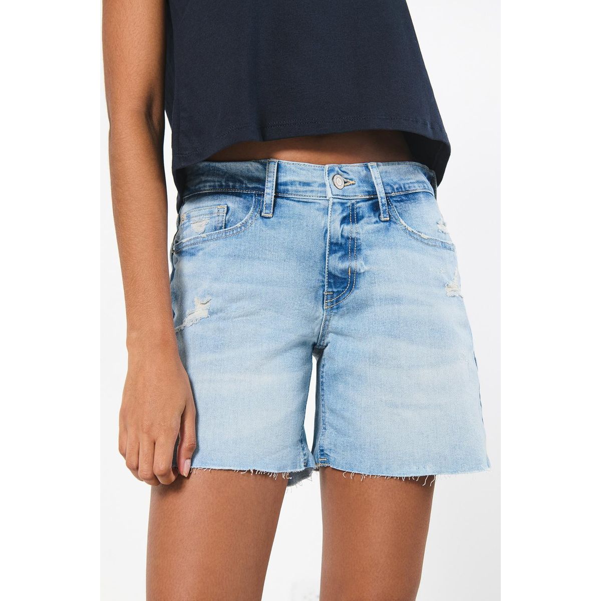 KOAJ - KOAJ Short en jean azul claro con tiro medio y rotos delant Mujer